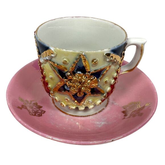 Antique Germany Pink Molded Lusterware Cups & Saucers Star Set 6 Vintage Ornate - Picture 2 of 15